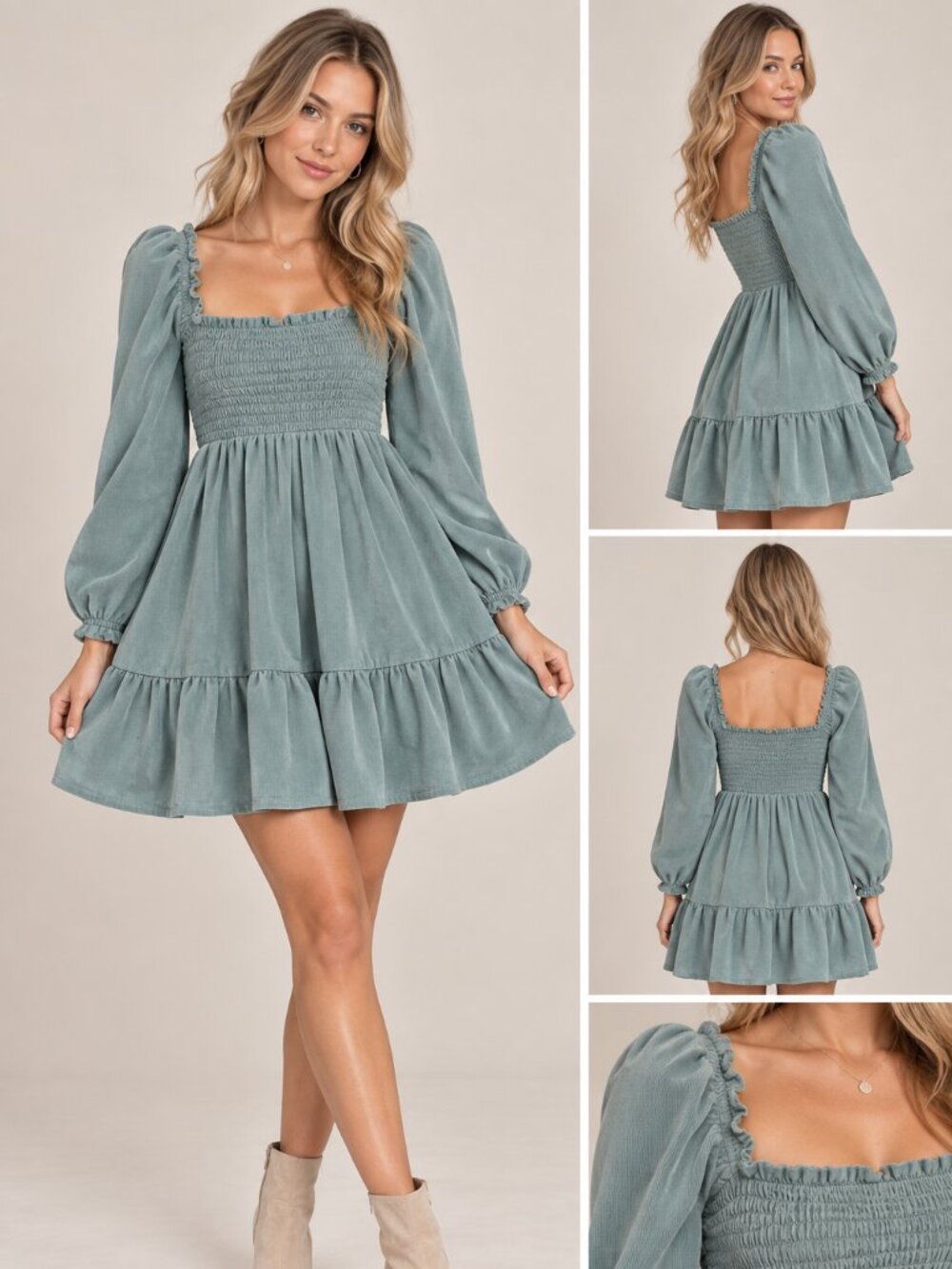 American Eagle Smocked Corduroy Mini Dress Size Small Sage Blue Long Sleeve